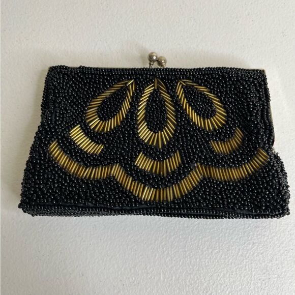 Vintage Beaded Kiss Lock Black Gold Clutch Handbag Purse Handmade Hong Kong - Picture 2 of 8